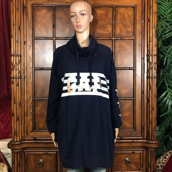 NWOT Gap Navy Silver Logo Stars Stripe Drawstring Cotton Blend Sweatshirt Dress - Picture 1 of 13